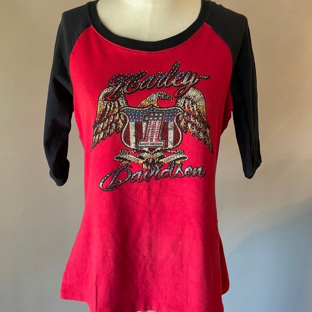 HARLEY DAVIDSON motor clothes color block women’s top rhinestone graphics Large